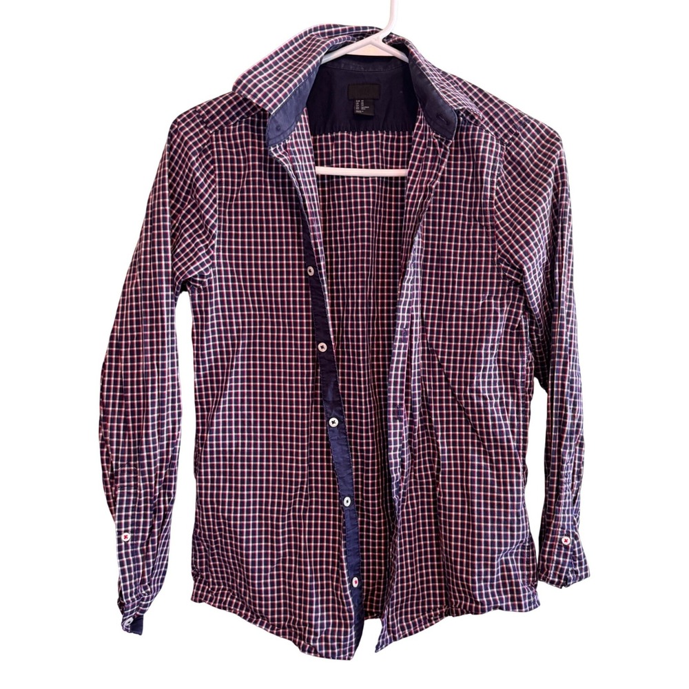 H&M Mens XS Plaid Button Down Shirt Navy Blue Red White‎ Long Sleeve Casual